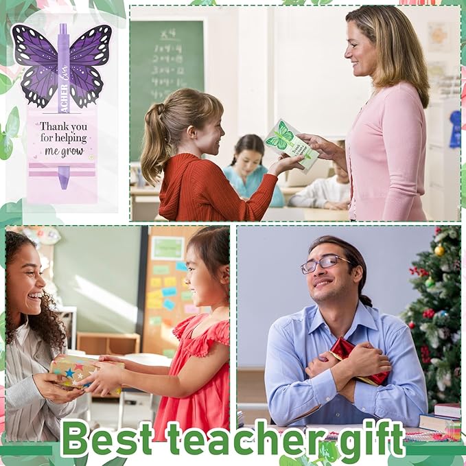 Fuyoooo 50 Set Teacher Appreciation Pens Bulk Thank You Gift Thank You for Helping Me Grow Inspirational Ballpoint Pens with Cards for School Office Supplies(Butterfly)