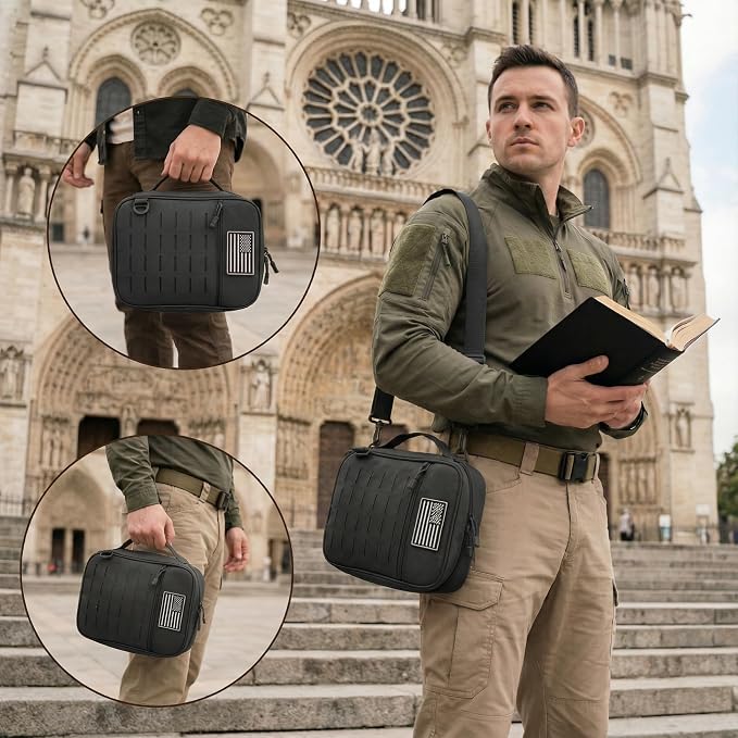 Tactical Bible Cover for Men, Large Bible Case with Shoulder Strap & US Flag Patch, Water Resistant Bible Carrier Bag with Handle, Multi Pockets for Church Study & Travel(Black)