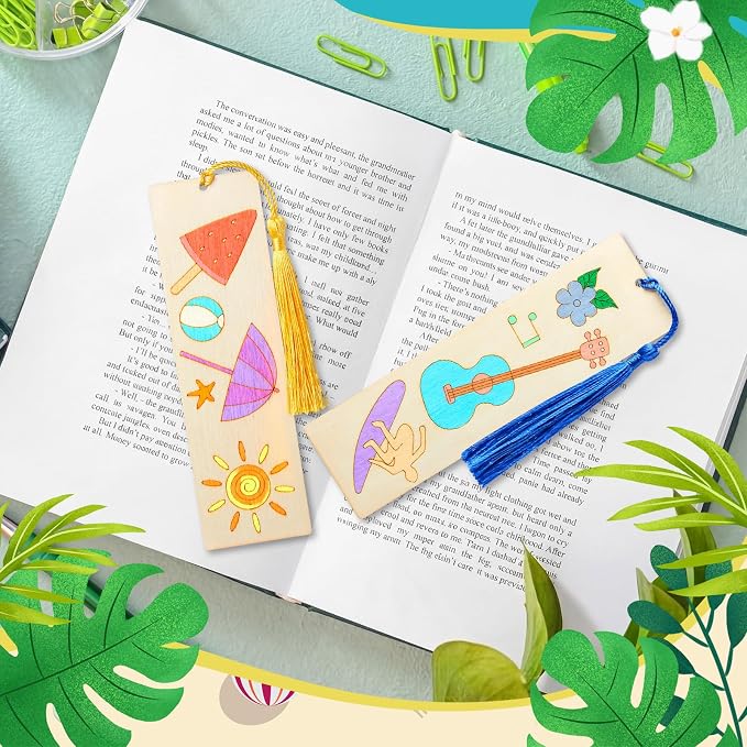 AmazingSpark 100 Pcs Hawaiian Wood Bookmarks Bulk DIY Crafts Kit, 50 Set Summer Blank Coloring Bookmarks with Tassel for Classroom Reward Gifts, End of Year Gifts, Luau Birthday Party Favor