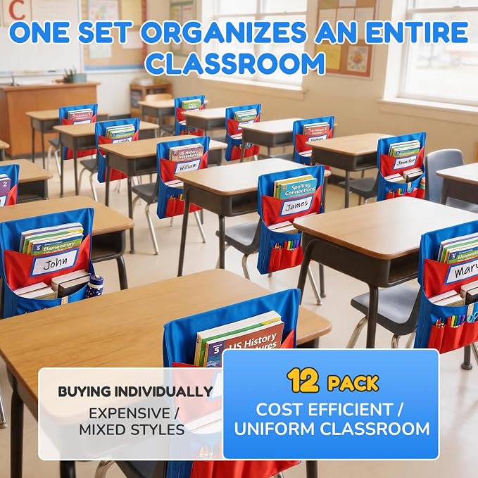 Joycat 12 Pack Classroom Chair Pockets for School, 6 Pocket Student Storage Organizer with Name Tag Holder, Colorful Chair Bags for Classroom & Homeschool Supplies