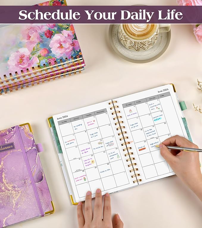 2026 Planner, Hardcover Weekly and Monthly Planner for Women, January 2026 - December 2026, Spiral Yearly Agenda Organizer Book 2026 with Tabs, Daily Calendar Planners for School Work Home, A5 (5.75" x 8.38"), Purple Marble