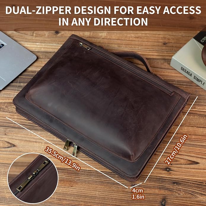 YIWEN Handmade Leather Portfolio with Handle – Zippered Front Pocket, Clip for Letter Size Notepad, Business Travel Padfolio