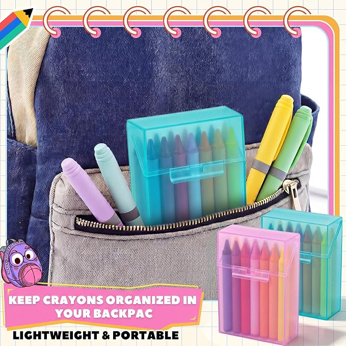 Clabby 4 Pcs Plastic Crayon Organizer Case for 24 Count Crayons Kids Art Supply Storage Box with Lid, Portable Holder for Classroom Home Travel, Fits Standard 24-Pack Crayon (Teal,Pink)