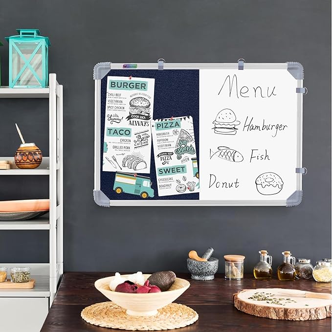 Combination Board 1.5x2 Feet (Magnetic White Board with Blue Pin-up Notice Board) with Push Pins for Home, Office & School, Heavy-Duty Aluminium Frame (White, Blue) (41x59 cm)