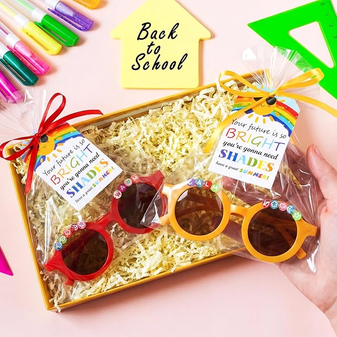 Kanayu 24 Sets End of Year DIY Sunglasses Kit for Class Souvenirs Gifts, Graduation Party Decorations with Beads, Encouraging Cards and Gift Bags DIY Name Sunglasses Students Graduation Return Gift