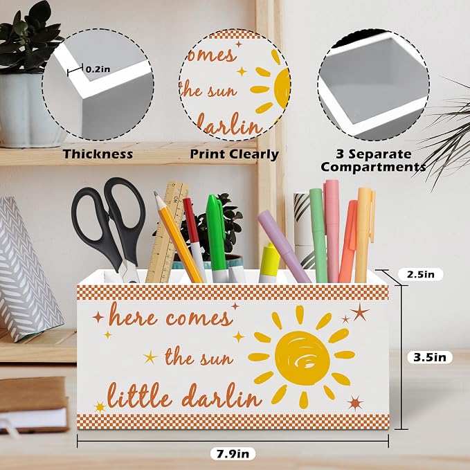 Boho Sunshine Classroom Pen Holder, Boho Office Pen Pencil Holder Organizer for Desk Accessories, Sunshine Nursery Wooden Box Desk Decor for Kids Nursery Room Classroom Desk Decorations