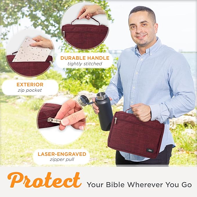 Christian Art Gifts Polyester Bible Cover for Men & Women w/Jesus Fish Patch, Secure Zipper Pocket, Pen Loops, Easy Carry Stationery Book Case, Accessories, Burgundy, Large
