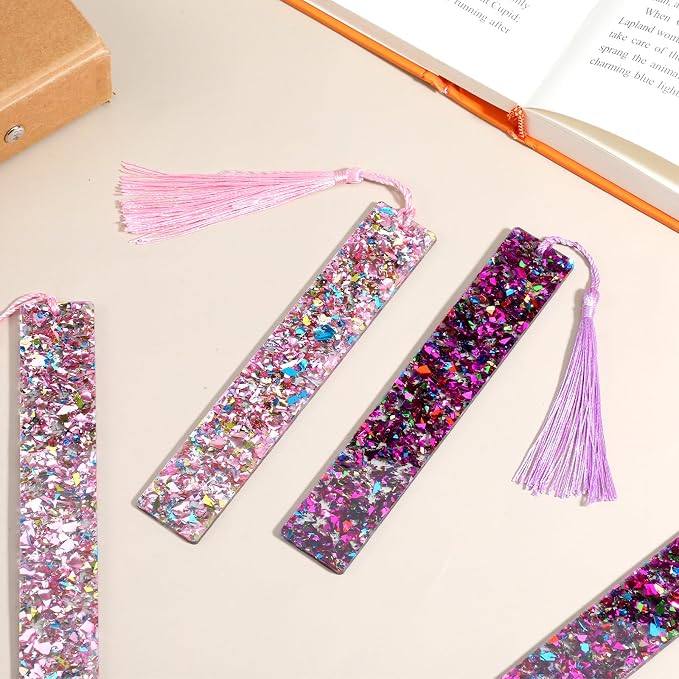 4Pcs Glitter Bookmarks for Girls, Acrylic Bookmark with Colorful Tassels for Women Girls Book Lovers Birthday Gifts Reading Presents (Purple+Pink)