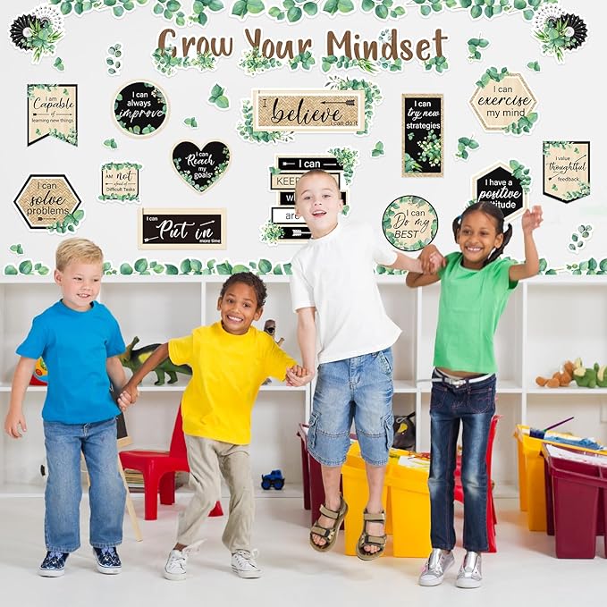 FYSUIMU 42Pcs Grow Your Mindset Bulletin Board Set Eucalyptus Leaves Greenery Paper Cutouts with 100Pcs Glue Points for Back to School Party Classroom Craft Wall Decor
