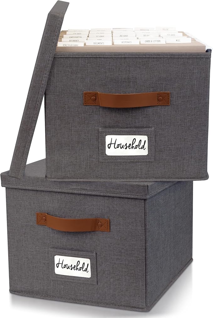Decorative File Organizer Box Set of 2 - Collapsible Linen Filing Cabinets with Handles Are Perfect to Store All Your Documents & Hanging File Folders - Portable Easy Slide Office Crates with Lid