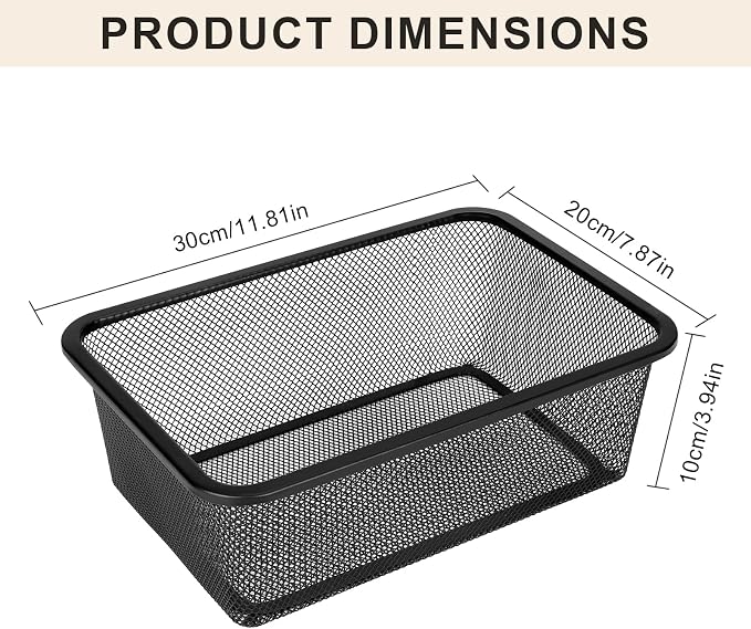 2 Pack Metal Mesh Steel Basket,12"Lx7.8"Wx4"H Desk Drawer Organizer Tray,Wire Mesh File Basket Desktop Paper/Letter Tray for Office Home Makeup Vanity CD Organizing