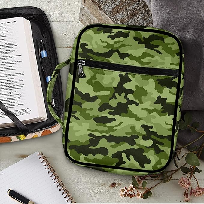 FDANDNDE Green Camo Bible Case with Handles and Zippered, Kid Bible Cover for Church Study Bible, Bible Cover Easy to Cleaning
