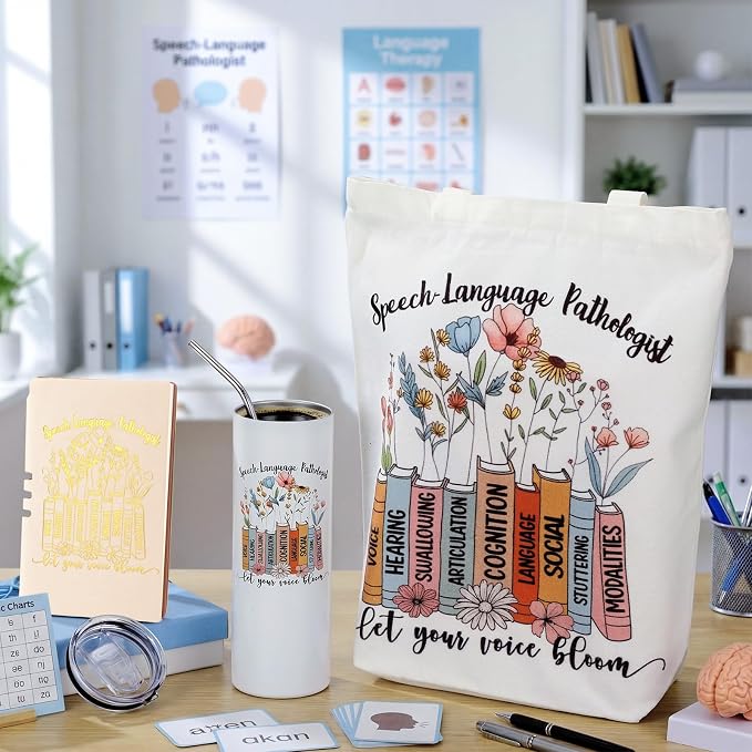 Fuutreo 3 Pcs Speech Language Pathologist Appreciation Gifts for Women, 20 oz Stainless Steel Tumbler Cup with Lid Canvas Tote Bag Leather Journal Thank You Gifts for Speech Language Pathologist