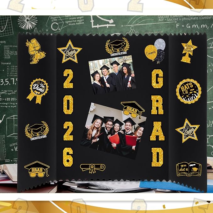 AmazingSpark 4 Sets Graduation Photo Display Board Trifold Poster Board with 12 Graduation Themed Stickers for 2026 Grad Party Decoration Picture Collage Frame Supplies (24 x 16,Black Gold)