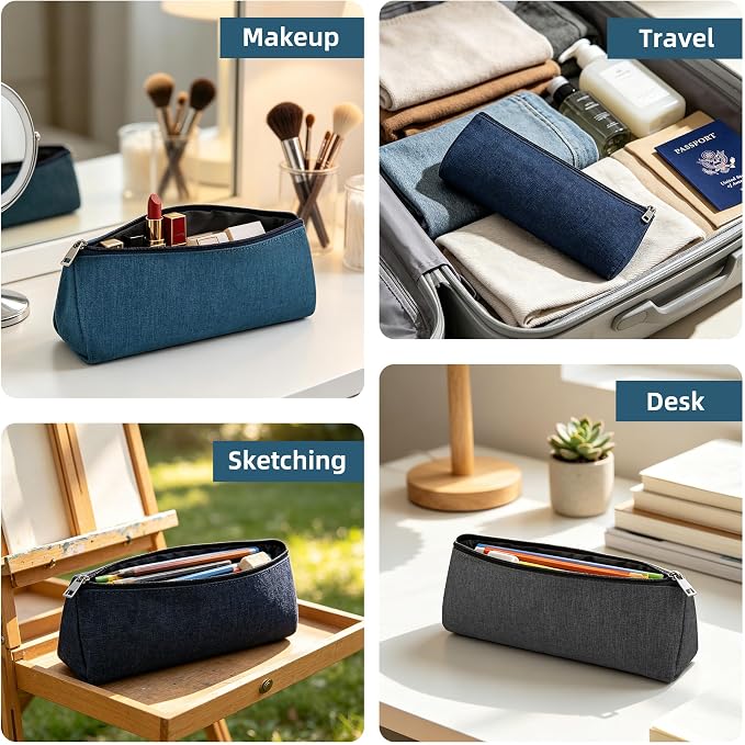 Blue Large Capacity Pen Bag Portable Stationery Pouch Premium Nylon Oxford Cloth Zipper Organizer for Office Business Travel