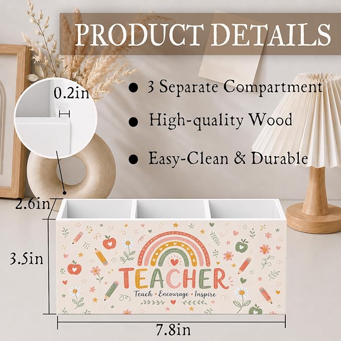 Teacher Gifts Pen Pencil Holder for Desk, Teachers Appreciation Gifts, Boho Rainbow Teach Encourage Inspire Wooden Pencil Holder Organizer Desk Accessories Decor for Home Office Desk Tabletop