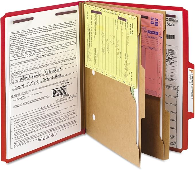 Smead Pressboard Classification File Folder with SafeSHIELD Fasteners, 2 Pocket Dividers, 2" Expansion, Letter Size, Bright Red, 10 per Box (14082)
