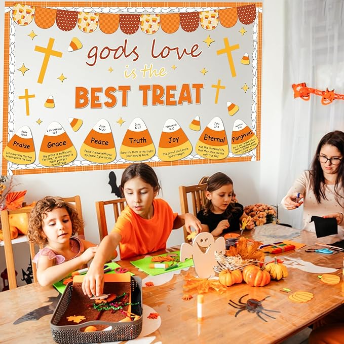 Halloween Candy Corn Bulletin Board Decorations Fall Christian Paper Cutouts Religious Gods Love is The Best Treat Cross Bulletin Party Supplies for School Classroom Home Chalkboard Wall Door Decor