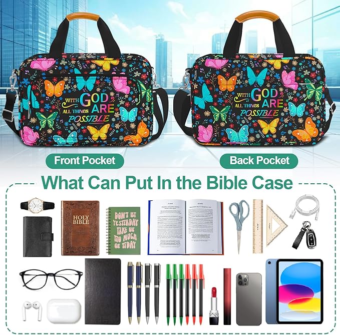 Bible Cover for Women,Bible Carrying Case,Large Bible Bag for Woman Organizer,Butterfly Bible Holder,With God All Things Are Possible,Bible Study Supplie Kit With Highlighters,Tabs,Pens,Christian Gift