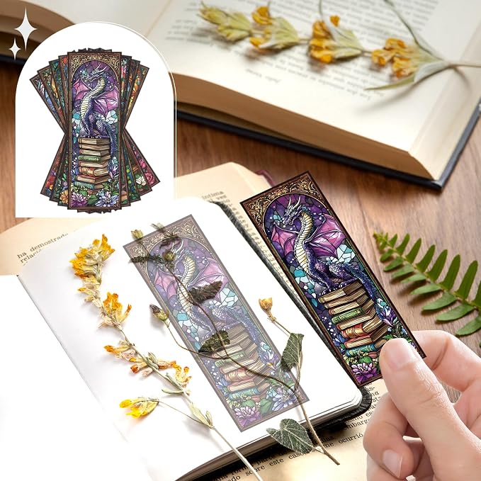 Dragon Sword Bookmark Gifts - 20 Pcs Stained Glass Art Transparent PVC Bookmark Fantasy Book Mark Page Clips Gifts for Women Men Book Lovers Teacher Student Bookish Reader Accessories