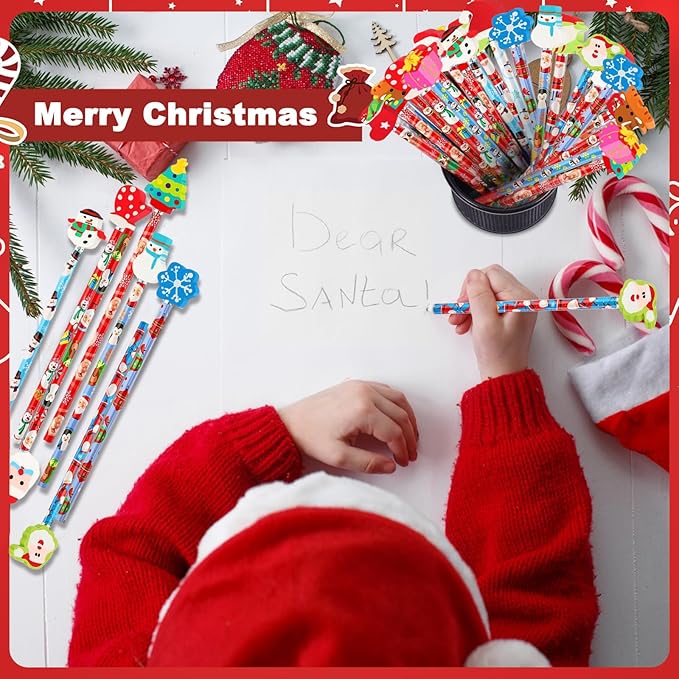 Christmas Pencils with Giant Eraser Assortment Christmas Themed Pencil Wooden Pencils for Christmas Party Supplies Xmas Stocking Stuffers, 12 Style (36)