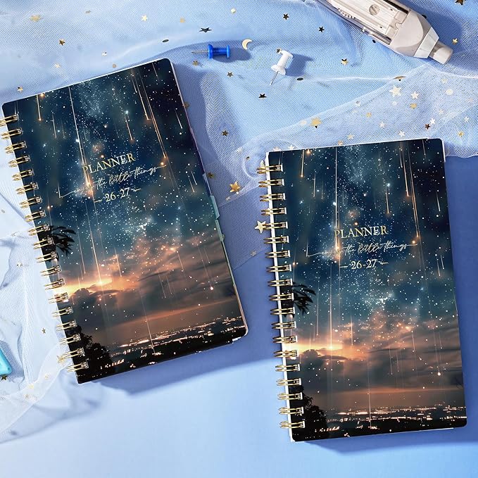 Pocket Calendar 2026-2027 - Pocket Planner 2026-2027, Jul. 2026 - Jun. 2027, 4.1'' × 6.8'', Weekly & Monthly Pocket Planner for Purse, Pocket Planner with 12 Colourful Monthly Tabs, Strong Twin-wire Binding, Galaxy Cover