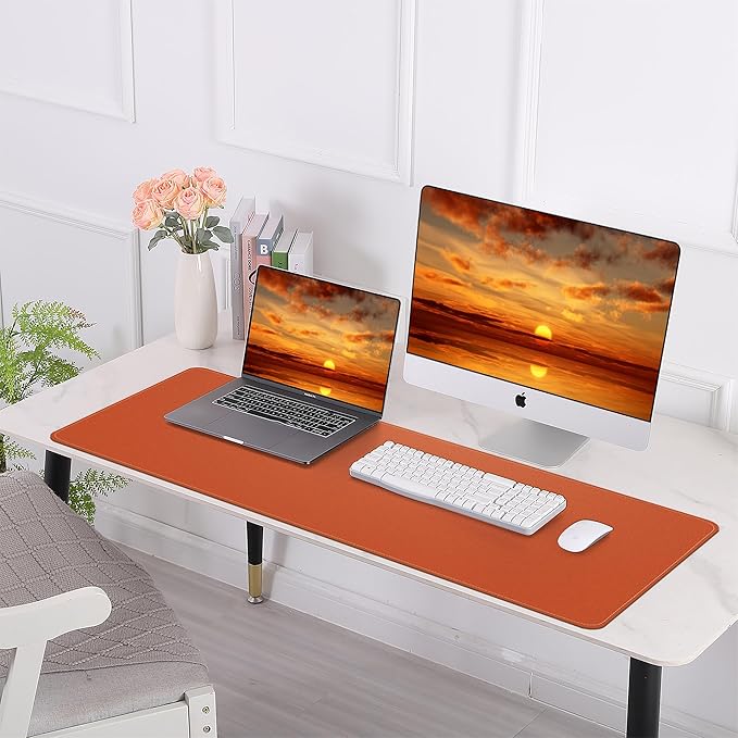 AFIING Desk Mat 47.2" x 17", Leather Desk Pad Protector with Natural Cork & PU Leather, Non-Slip Office Desk Mat, Double-Sided Mouse Pad, Waterproof Large Desk Pad for Office and Home (Orange)