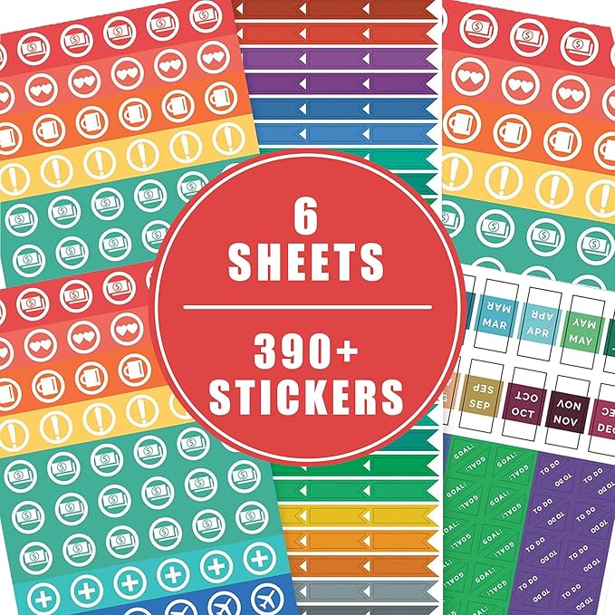 The Simple Elephant Stickers - Productivity Planner Stickers - Perfect Fit with Planners, Journals, Agendas - Variety Pack with Calendar Tabs, Events, Flags - 6 Sheets - 392 Stickers