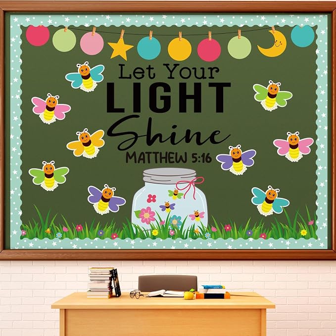 Kosiz 96 Pcs Let Your Light Shine Church Bulletin Board Religious Christian Classroom Bulletin Board Wall Decor Firefly Jar Cutouts for Sunday School Classroom Supplies Wall Decor