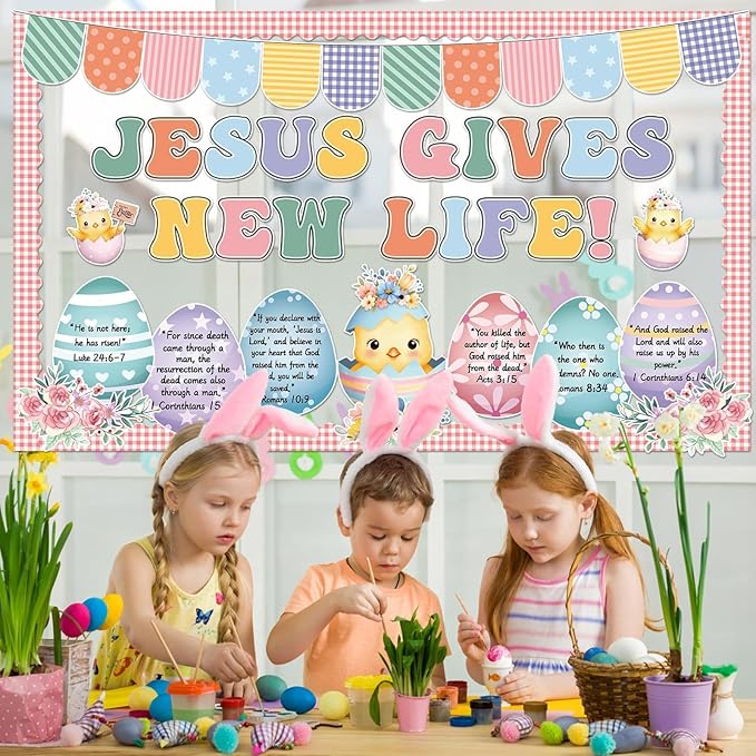 Easter Bulletin Board Set Easter Egg Religious Quotes Classroom Decoration Jesus Gives New Life Flowers Bulletin Board Christian Egg Cutouts for Spring Church Sunday School Chalkboard Home Wall Decor
