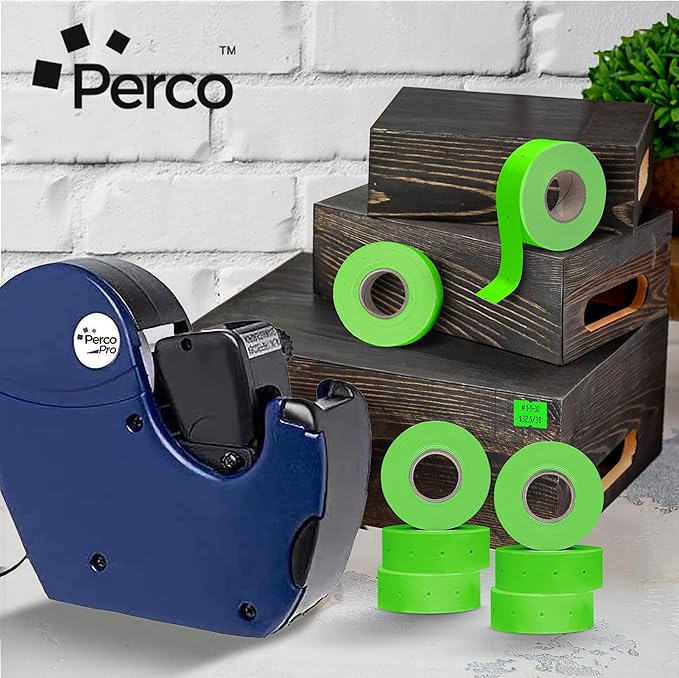 Perco 2 Line Fluorescent Green Labels - 80 Rolls, 10 Sleeves, 80,000 Blank Price and Date Gun Labels for Perco 2 Line Price and Date Guns - Made in USA