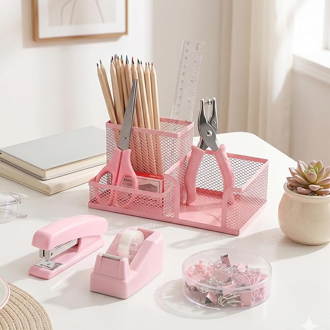 Pink Office Desk Accessories, 9 Pcs Desk Organizers and Accessories with Mesh Pen Holder, Stapler, Tape Dispenser, Hole Punch, Office Supplies Set for Office Home School Women Students Gift