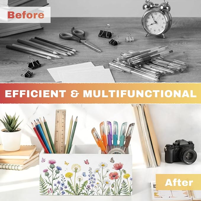Wildflower Pen Pencil Holder for Office Desk Spring Wildflower Office Decor Wooden Floral Organizer Desktop Decor Gift for Girls Spring Makeup Brush Toothbrush Holder for Bathroom Desk Accessories