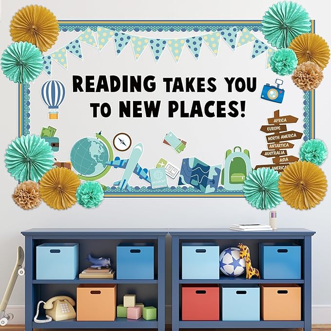 Reading Travel Bulletin Board Decorations with 3D Tissue Paper Flowers Paper Fan Back to School Reading Adventure Begin Classroom Decor Bulletin Board Border Cutouts Set Motivational School Supplies