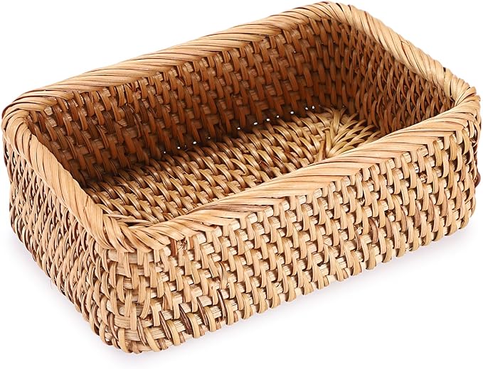 BTSKY Remote Control Basket 7.9" x 5.1", Decorative Small Basket Handwoven Rattan Storage for Jewelry, Cosmetics, Wicker Organizer Rattan Holder for Living Room Coffee Table Entryway Bedroom Vanity