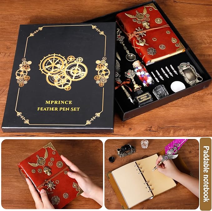Aifeiter Quill Pen and Ink Set With Quill and 5 Replaceable Nibs,Seal Stamp,Spoon,Wax Beads,White Wax,Pen Holder, Cup,Envelope,Letter Paper,Envelope Tool(green)
