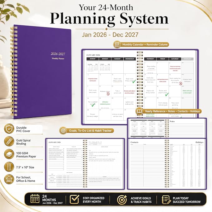 2026-2027 Monthly Planner, Calender Planner from Jan 2026 - Dec 2027, 24 Months for Planning with Habit Tracker, To-Do List, Goals,Summary ,7.5" x 10", Spiral Bindding for Personal Organizer and Office Supplies