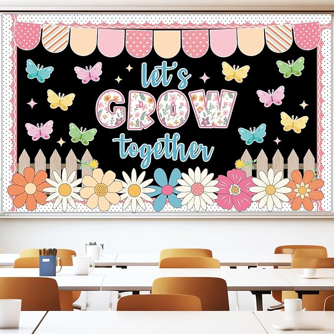 Spring Bulletin Board Decorations Set Motivational Let's Grow Together Bulletin Board Spring Butterfly Paper Cutouts Colorful Flower Classroom Decorations for School Home Office Chalkboard Supplies