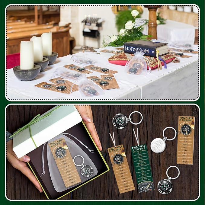 Kenning 12 Set Father's Day Christian Gift Bulk, Include 12 Religious Compass Key Tag 12 Bible Bookmark with Organza Bags Christian Gift for Men Bible Study Group Favors