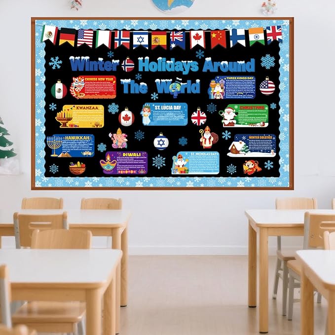 Funrous 71 Pcs Winter Bulletin Board Set Holidays Around the World Board with Christmas Chinese New Year Kwanzaa Diwali Hanukkah Winter Solstice Cutouts for Xmas Party School Classroom Home Wall Decor