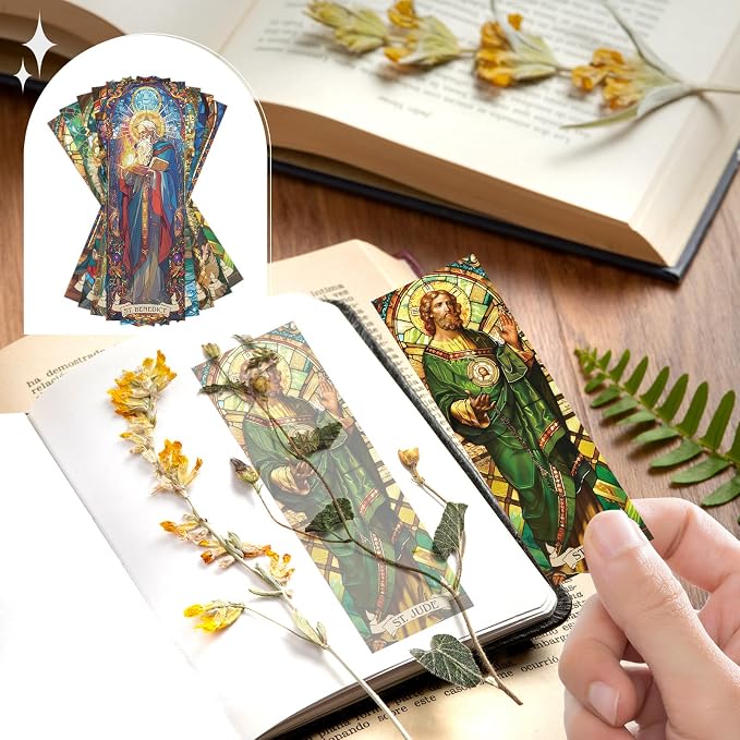 Stained Glass Catholic Bookmark Gifts - Wxiben 20 Pcs Christian Religious Transparent PVC Bookmark Catholic Saints Jesus Book Mark Page Clips for Women Men Book Lovers Church Sunday School Gifts