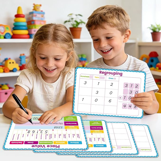 10 Packs Place Value Dry Erase Boards, Double Sided Math Manipulatives Whiteboards for Teaching Billions to Decimals, Writable Erasable for Students Classroom Home Homeschool (12” x 8”)