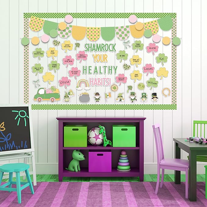 139Pcs St. Patrick’s Day Bulletin Board Decorations, Shamrock Cutouts Gnome Lucky Clover Name Tags Health Themed Classroom Bulletin Board Border Trims Office School Chalkboard Supplies Decor