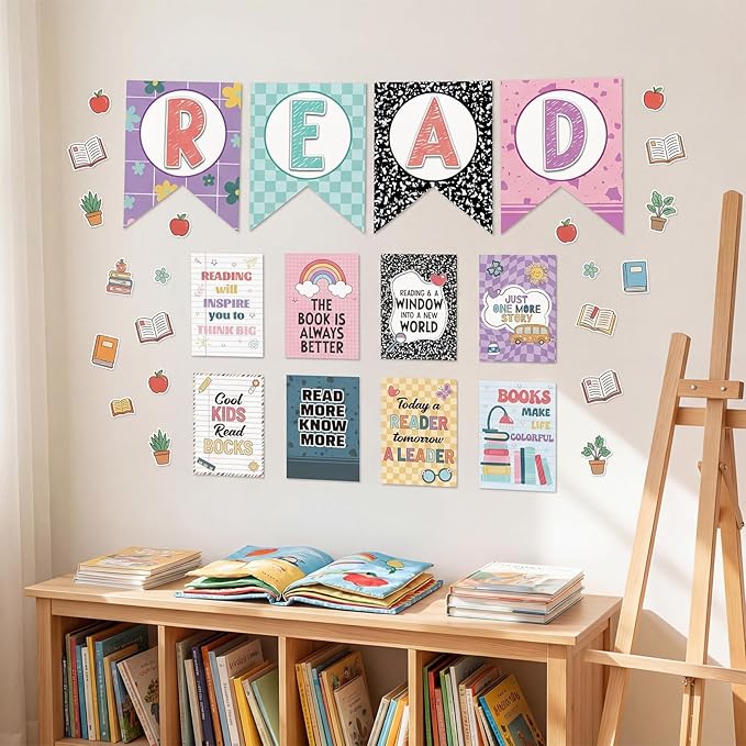 Reading Classroom Decorations Library Posters Bulletin Board Sets for Elementary Classroom Pennants Decor for Back to School Nursery Library Teacher Supplies(Bright Colors)