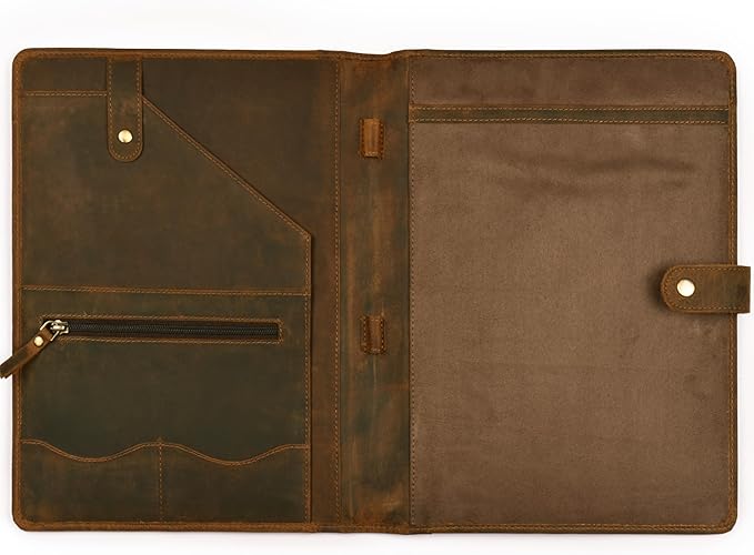Genuine Leather Portfolio – Brown Professional Organizer & Resume Folder, Antique Leather Business Document Padfolio with Writing Pad, Ideal Gift for Men & Women