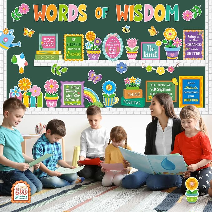 Mooliwe 57 Pcs Spring Floral Bulletin Board Set Inspirational Flower Bulletin Board Decoration Positive Cutout Classroom Decoration for School Office Home Teacher Classroom Wall Supplies