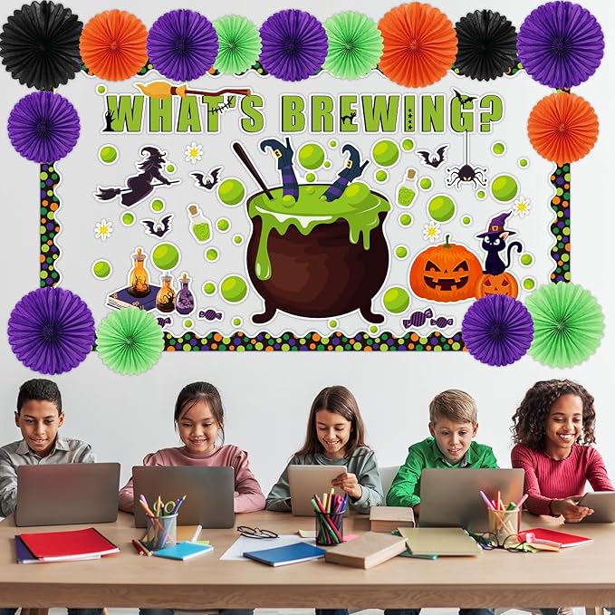 3D 98Pcs Halloween Bulletin Board Set Halloween Theme Classroom Decorations Witch Cauldron Paper Cutouts Colorful Hanging Paper Fan for Classroom School Chalkboard Home Wall Decor Supplies