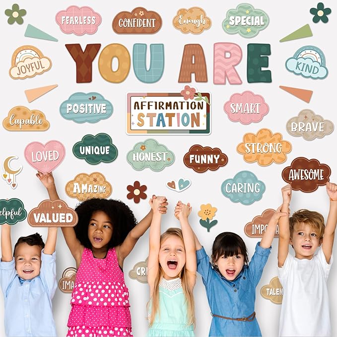 45pcs Classic Boho Bulletin Board Set Motivational Posters Classroom Mirror Growth Mindset Decor Positive Affirmations Accents Cutouts for School Office Home Teacher Wall