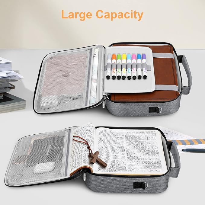 FINPAC Large Bible Cover w/Shoulder Strap, Carrying Book Case Church Bag Bible Protective w/Pen Slots and Zippered Pocket, Gift for Women Lady, Gray