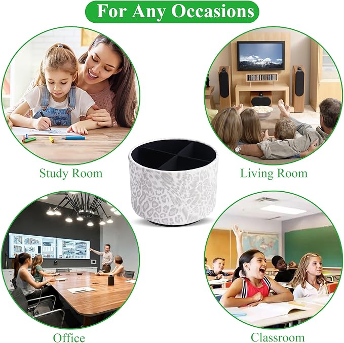 Round Leather Art Supply Organizer,Remote Control Holder,360 Degree Rotating,Multi-Functional Pencil Holder,4 Compartments Desktop Stationary Organizer(1-Leopard White)